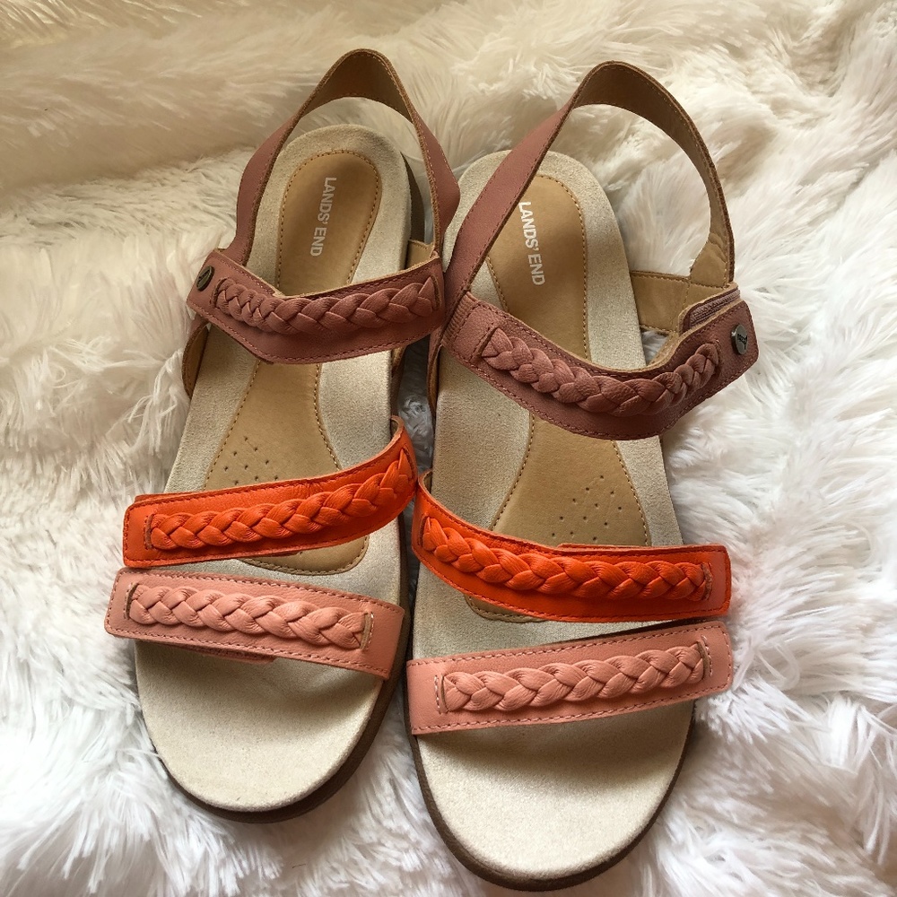 Land's End Braided Leather Comfort Flat Sandal Size 10